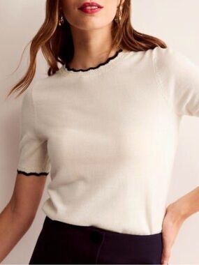 BODEN Merino Scalloped T-shirt- Ivory and Navy